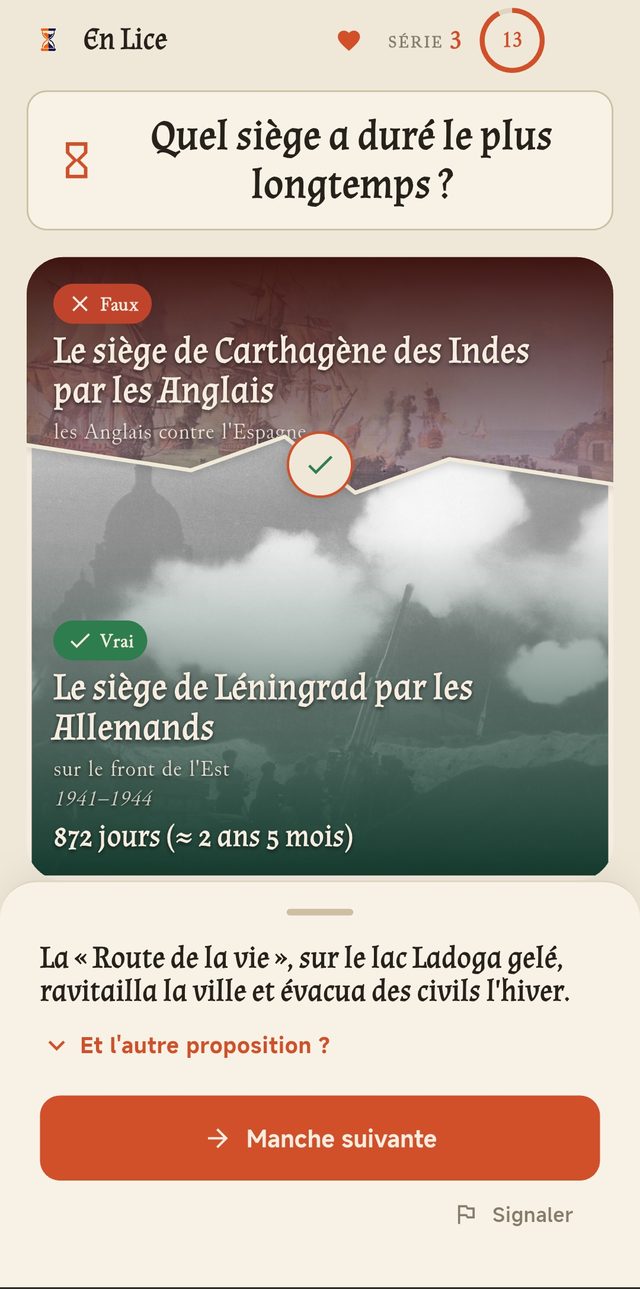La révélation : la bonne réponse en vert, la mauvaise en rouge, les durées comparées et l'explication.
